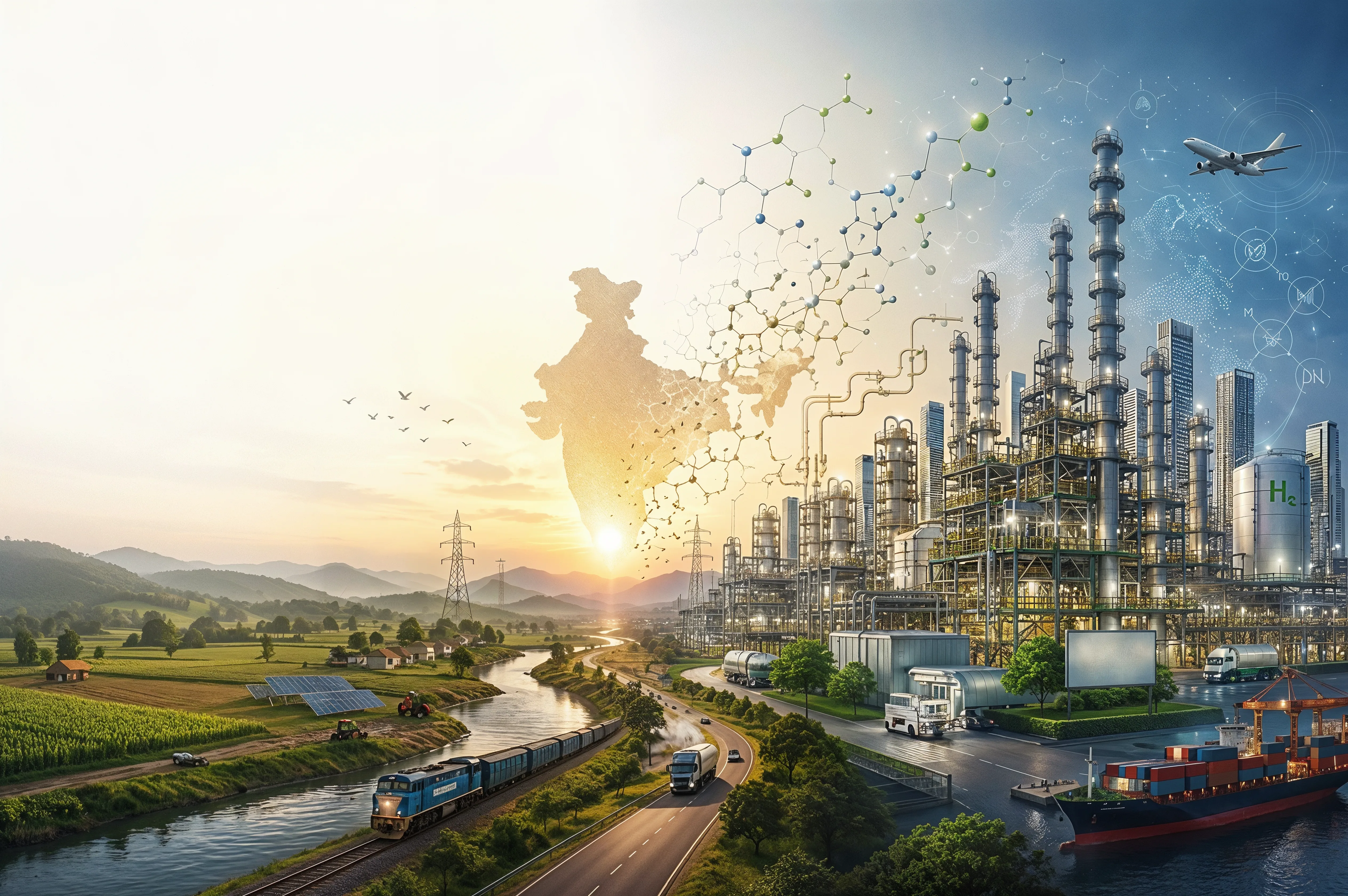 India's landscape, logistics, and chemical manufacturing ecosystem with molecular science visuals